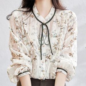 ★봄인기/특가★[패션시그널] 라운드 리본끈 프린팅 블라우스 E072C4