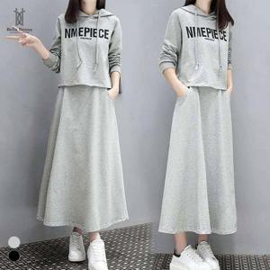 벨라도나 사계절 여성 캐주얼 후드티셔츠+A라인 롱스커트 투피스셋업 사이드주머니 Bon-2609