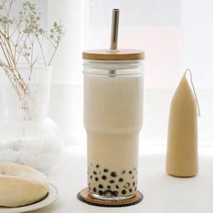 텀블자 버블 700ml (커플) 대나무뚜껑 스텐 빨대 유리컵 텀블러 2개 세트