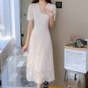 [핑크엘리제]시스루 자수 레이스 반팔 롱 원피스 헤스티아원피스