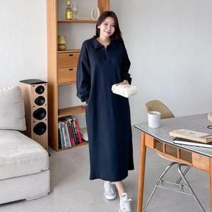 [유야]데일리 무지 반집업 카라 긴팔 롱 원피스 캐주얼 꾸안꾸 -OP0259H- 빅사이즈 루즈핏 여성 봄