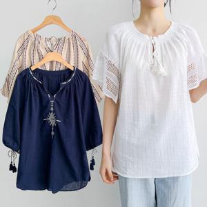 ★클리어런스/무료배송★코튼에스닉 셔링 블라우스 루즈핏 프리미엄 블라우스