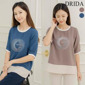 드리다 여자 프린팅 라운드 빅사이즈 티셔츠 40-50대 미시 중년여성 엄마옷 출근 마담 캐주얼 여름 간절기