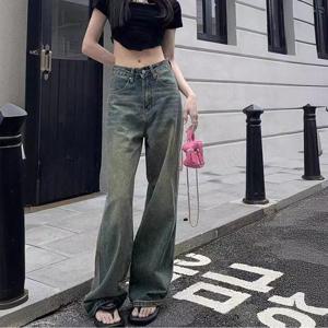 여자데일리룩 여성 하이웨이스트 와이드 일자 워싱 데님 청바지