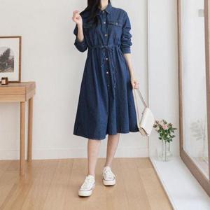 [옷자락]여자 봄 데일리 캐주얼 카라 벨트 플레어 데님 원피스