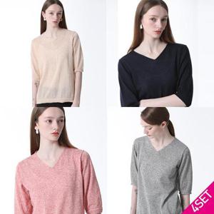 4SET [홈쇼핑방송/르오트(LeOT)] 린넨블렌디드 워셔블 브이넥 반팔니트 4종세트-사이즈 55~99까지