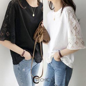 여자가을코디 여름신상 레이스 레이어드 블라우스 반팔티