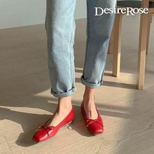 [디자이어로즈]여성 스퀘어 리본 가죽 모던 플랫슈즈 1cm