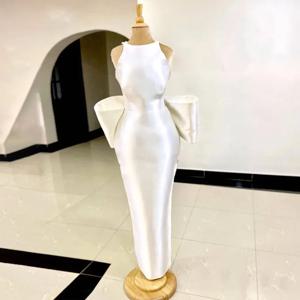 맞춤형 컬럼 웨딩드레스 새틴 플로어 기장 O넥 코트 웨딩 가운 여성용 신부 빅 보우 모던 브라이덜 드레스 롱