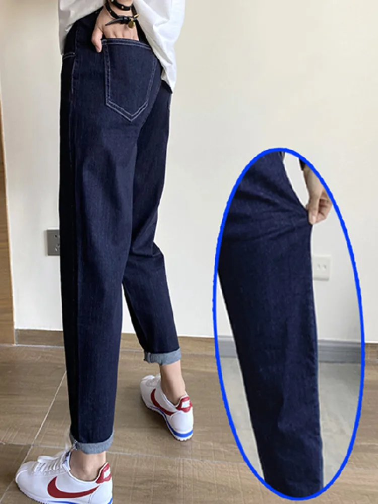 플러스 사이즈 여성 스키니 진 하이웨이스트 코튼 스트레치 데님 캐주얼 스트레이트 레그 진 슬리밍 하렘 팬츠 봄 가을