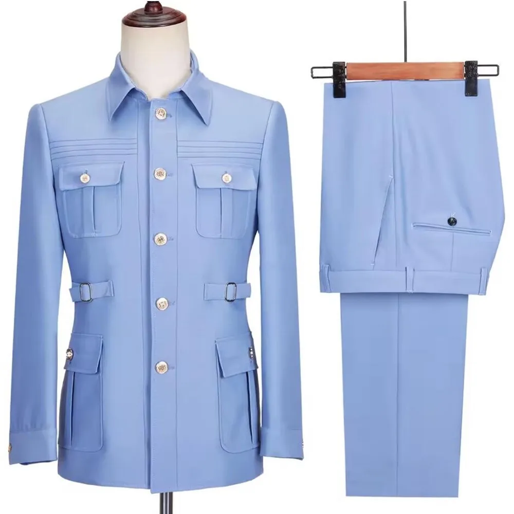 새로운 도착 2 조각 슬림 맞는 남성 정장 패션 스타일 4 벨트와 실제 포켓은 사용자 정의 할 수 있습니다 웨딩 정장 (블레이저 + 바지)