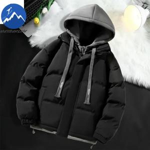 남성 후드 코튼 코트 2025 신상 캐주얼 후드 페이크 투피스 디자인 다운 코튼 따뜻한 파카 한국 두꺼운 겨울 패딩 재킷