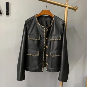 유럽 ​​스타일 정품 가죽 라운드 넥 양가죽 자켓 여성의 새로운 스타일 짧은 캐주얼 긴 소매 가죽 코트 슬리밍