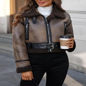 Ailegogo 새로운 가을 겨울 여성 느슨한 짧은 레트로 가짜 양고기 모피 코트 streetwear 여성 지퍼 벨트 자켓 아웃웨어