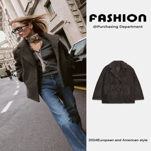 세련된 진주 가죽 하프 길이 더블 브레스트 코트 신상 여성 가을 2025 긴팔 턴다운 칼라 재킷