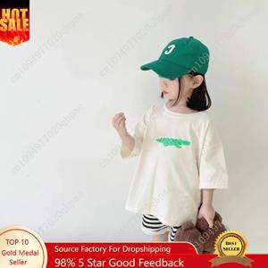 ‌ 한국 스타일 여름 아동 티셔츠 귀여운 만화 프린트 루즈핏 드롭 숄더 중간 소매 탑 아기 소년 소녀 유아복