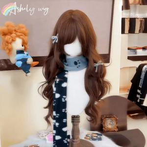 초콜릿 브라운 앞머리 가발 24인치 롱 웨이브 헤어 가발 여성용 고품질 귀여운 로리타 합성 가발 데일리 코스프레용