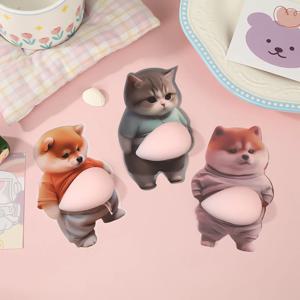 3D 시바 이누 강아지 배 스티커 - 부드러운 분홍색 배경에 오렌지색 옷을 입은 귀여운 강아지, 실리콘 자가 접착식