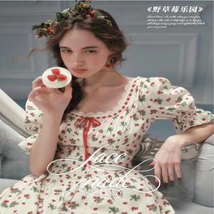 TIYIHAILEY 여름 여성 드레스 반팔 롱 맥시 여성용 코튼 XS-XL 빈티지 하이 웨이스트 프린트 딸기 스퀘어 칼라