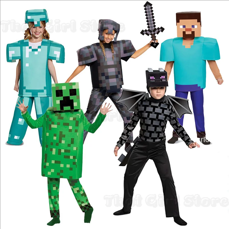 어린이 코스프레 다이아몬드 아머 게임 캐릭터 스티브 코스프레 의상 3종 세트 블루 의상 할로윈 의상 세트