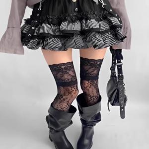 여성용 섹시한 레이스 꽃무늬 망사 스타킹 의상 Jk 로리타 허벅지 높이 양말 나일론 메쉬 통기성 무릎 위 트림 롱 양말