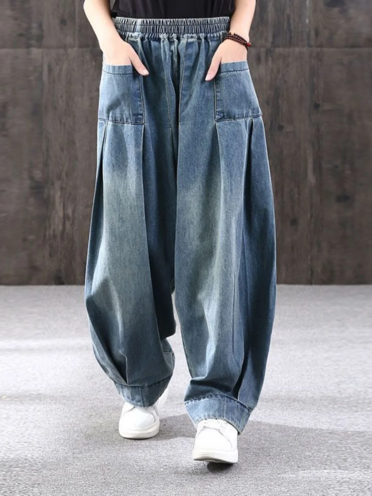 여름 루즈핏 라지 사이즈 하렘 진 여성 플러스 사이즈 캐럿 팬츠 캐주얼 랜턴 팬츠 트렌디 스타일 맘진 하이웨이스트