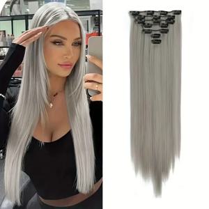 화학 섬유 클립 헤어 세트 단색 합성 가발은 머리 볼륨을 증가시키는 데 사용되며 세 가지 헤어 컬러 옵션이 있습니다.