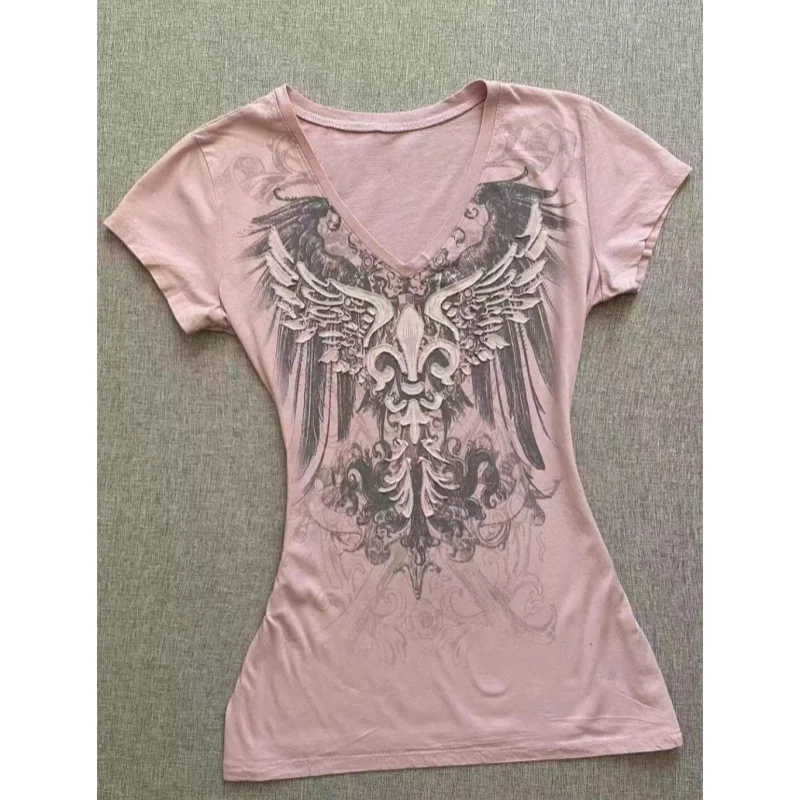 아메리칸 스트리트 핫티 티셔츠 빈티지 브이넥 티셔츠 2000년대 Y2K 미학 그래픽 프린트 티셔츠 여성용 펑크 시크 탑스 로파 무헤르