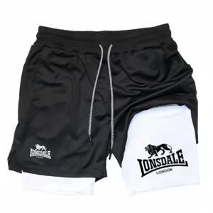 남성용 프린트 2in1 러닝 반바지, 헬스 운동용 컴프레션 반바지 (휴대폰 포켓, 타월 고리 포함), 여름 스포츠 운동복