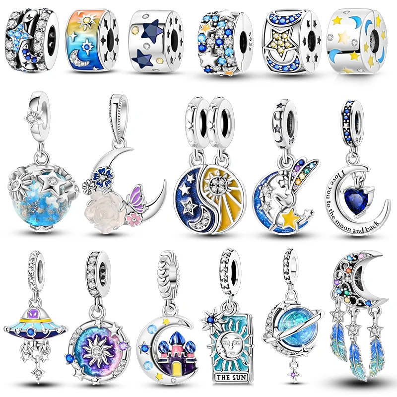 실버 도금 미스터리 스타와 문 참 비즈 오리지널 팔찌 팔찌 펜던트 댕글 DIY 여성 파인 쥬얼리 선물