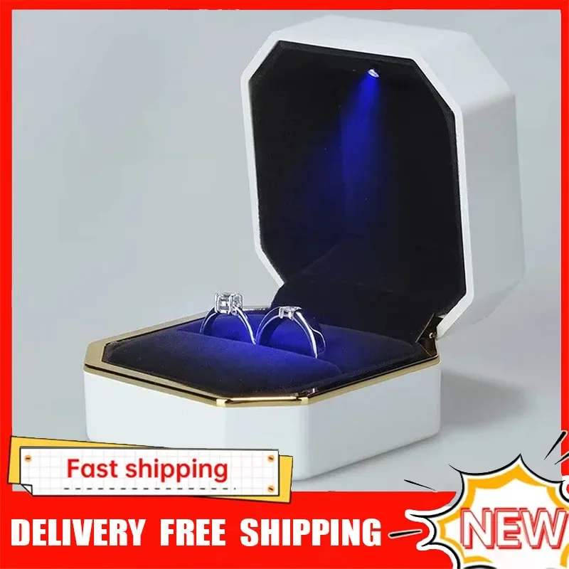 새로운 1개 고급 반지 상자 사각 벨벳 웨딩 반지 케이스 보석 선물 상자 LED 조명 포함 프로포즈 약혼 결혼식용