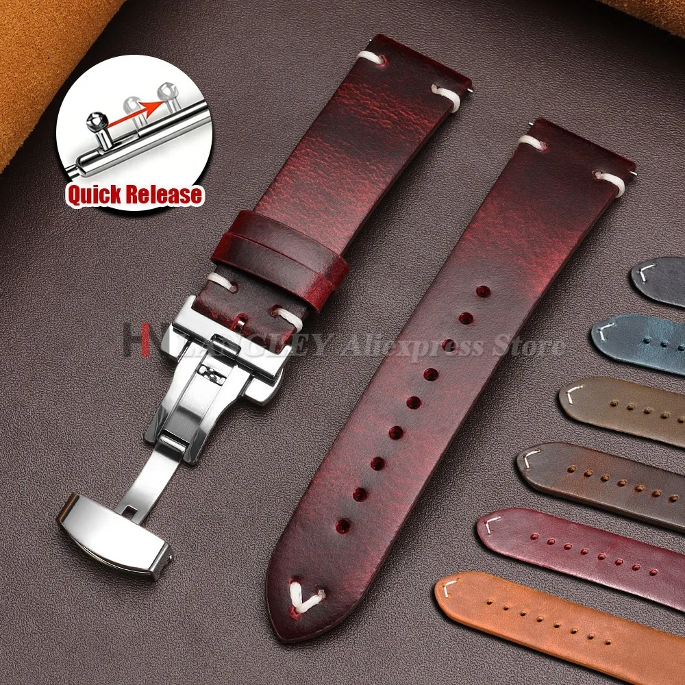 18mm 20mm 22mm 빈티지 오일 왁스 가죽 시계줄 (세이코 버터플라이 버클 스티칭 소가죽 스트랩, 오메가 스마트 워치밴드용)