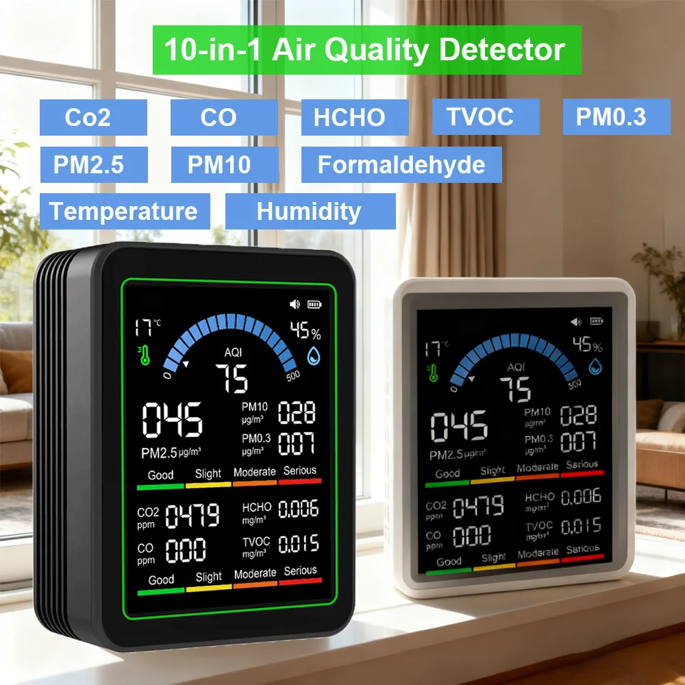 10-in-1 CO2 공기질 감지기 PM0.3 PM1.0 PM2.5 PM10 HCHO TVOC 테스터 온도 및 습도 측정기 이산화탄소 모니터