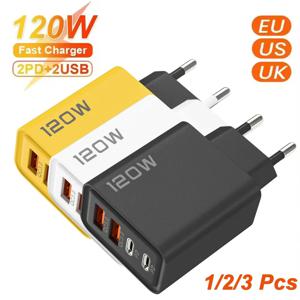 총 120W 타입-C 고속 충전기 4포트 USB 퀵 차지3.0 휴대폰 전원 어댑터 아이폰 삼성 샤오미용 벽 충전기 EU/US 플러그