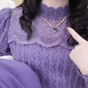 여성용 하이 칼라 양털 안감 두꺼운 레이스 베이스 셔츠 세련된 가을 겨울 한국 스타일 다용도 스몰 탑