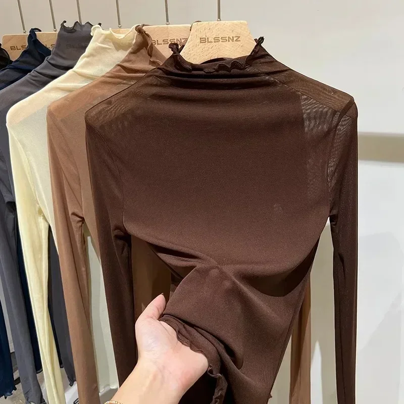 봄 여름 여성 긴팔 섹시 블랙 메쉬 탑 블라우스 투명 펑크 클럽웨어 셔츠 티셔츠 비치 탑 여성 하의 상의