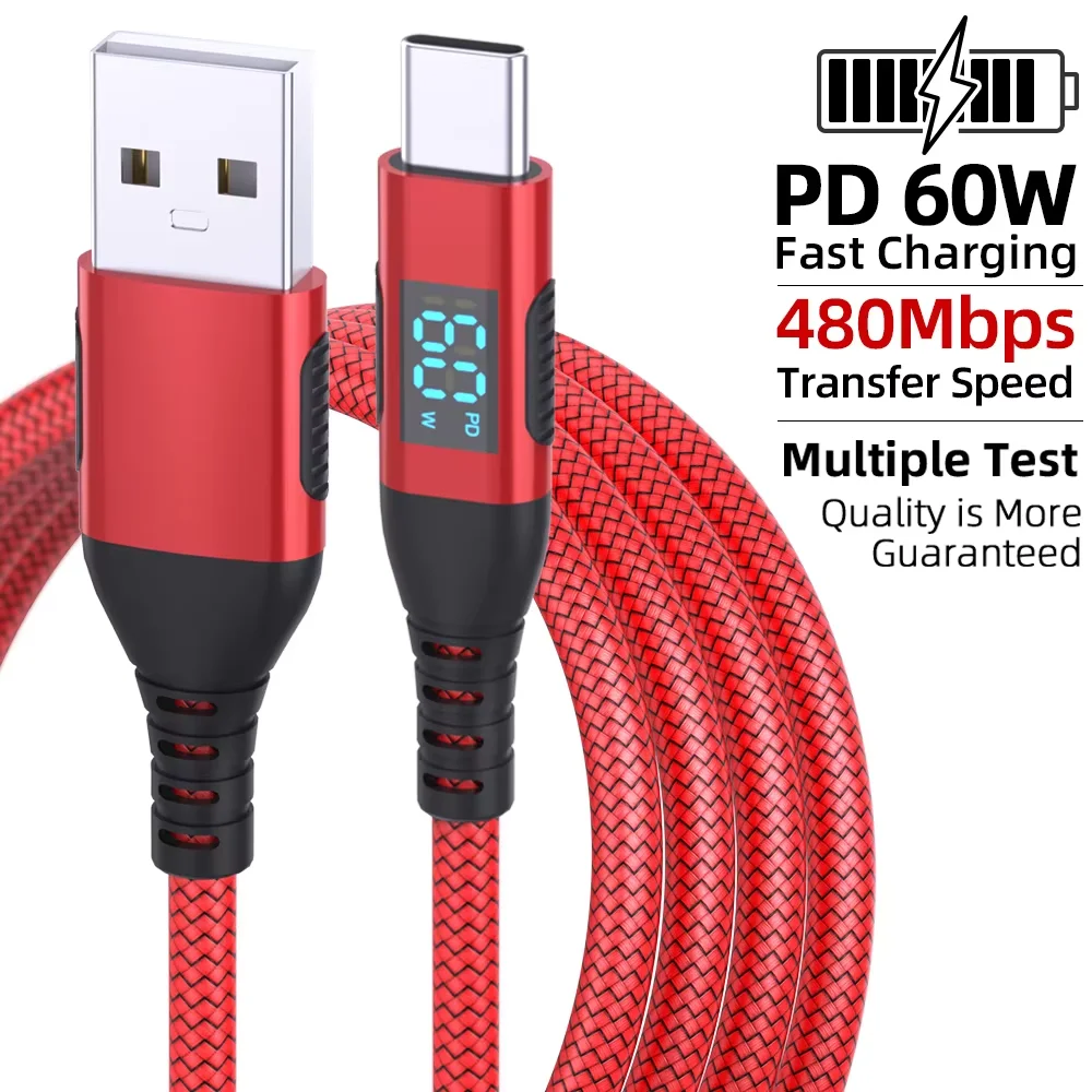 고품질 1PC USB to C타입 케이블 60W 고속 충전 충전기 와이어 LED 디스플레이 샤오미 삼성 노트북 USB C 코드 1M 2M 3M