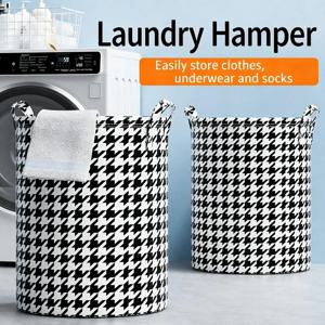 하운드투스 무늬 접이식 부직포 세탁 바구니 손잡이가 있는 욕실 수납함 장난감용 특대형 가방