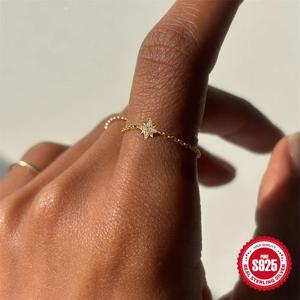 ROXI 925 스털링 실버 팔각형 스타/라운드/꽃잎 지르콘 참 여성용 손가락 반지 조절 가능한 오프닝 체인 링 쥬얼리