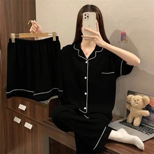 여름 2023 여성 잠옷 반팔 루즈핏 홈웨어 세트 3종 한국 스타일 면바지 긴팔