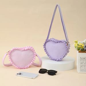 프릴 하트 모양 크로스백 패션 스트라이프 핑크 가방 여성용 시어서커 지퍼 슬링백 야외 여행용 미니 퍼스
