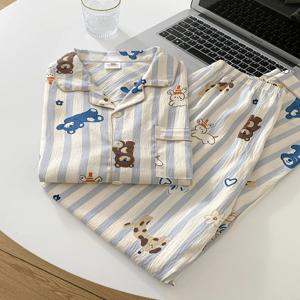 클라우드 코튼 긴팔 곰돌이 만화 파자마 세트 (남성용 홈웨어 봄 가을 신상품 편안하고 통기성 좋은 잠옷)