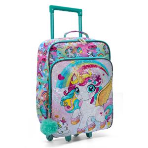 롤링 휠 여행 가방, 귀여운 만화 길조 유니콘 스팽글 디자인, 어린이 여행 가방, 18 인치, 녹색