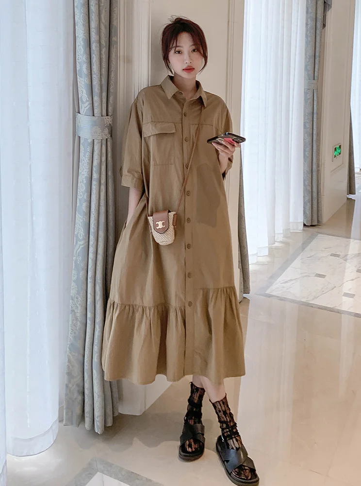 한국 스타일 플러스 사이즈 2300파운드 여성용 루즈하고 편안한 레이지 스타일 여름 셔츠 드레스 하이웨이스트 A라인 스커트
