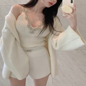 한국 스타일 섹시 시퀸 스트랩 베스트 여성용 이너 니트 가디건 코트 가을 투피스 세트 유행하는 상하의 세트