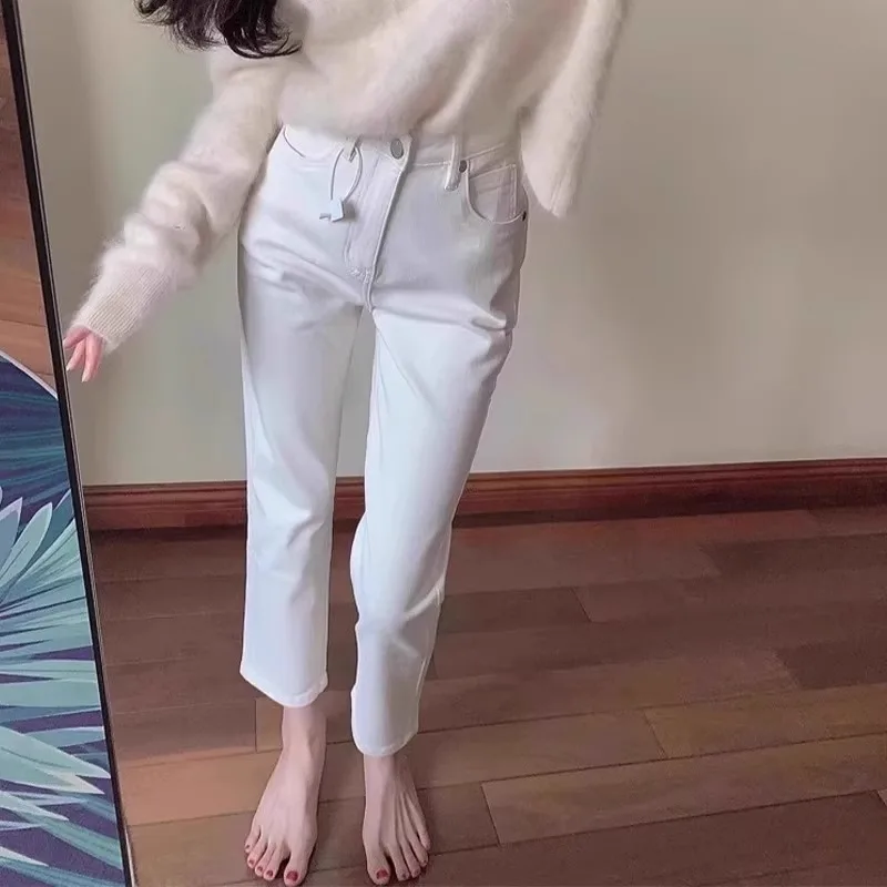 하이웨이스트 슬림핏 스트레이트 데님 진 여성용 작은 키 신축성 있는 화이트 9부 45cm 스모크 튜브 여름 청바지