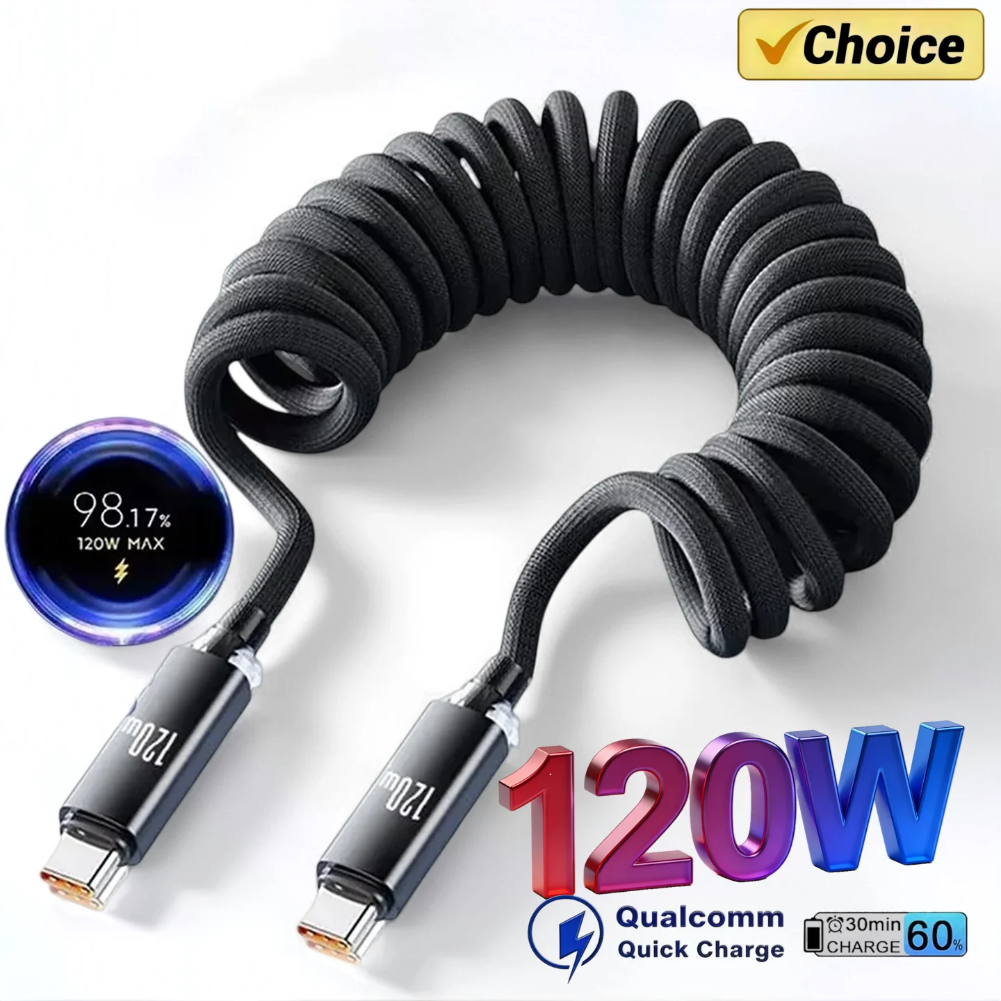 120W 차량용 타입 C to USB C 고속 충전 케이블 (아이폰 17, 16 호환) USB A to 타입 C 스프링 텔레스코픽 케이블 (삼성, 샤오미, 화웨이 호환)