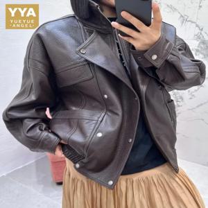 레저 스타일 단색 스탠드 칼라 여성용 천연 가죽 재킷 루즈핏 지퍼 긴 소매 양가죽 모터사이클 아우터웨어