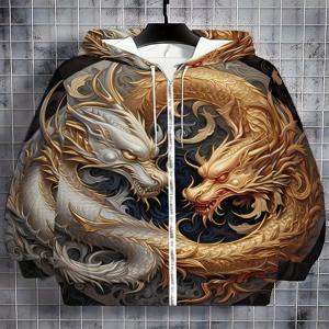 황금 용과 흰 구름 프린트가 있는 남성용 긴 소매 집업 후드티, 가을 겨울 캐주얼 아웃도어 재킷, 조임끈 및 포켓