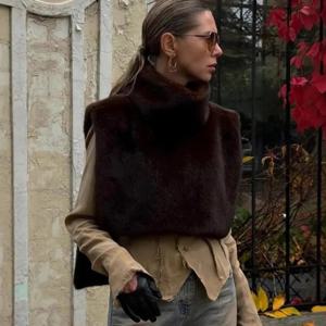 2025년 신상 가을 겨울 터틀넥 에코 인조 밍크 퍼 탱크탑 민소매 재킷 코트 인조 퍼 세이블 베스트 크롭탑